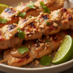 Golden grilled thai coconut chicken skewers, perfectly charred and glistening, served with a fresh lime wedge.