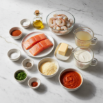 A vibrant array of fresh cajun shrimp and salmon with garlic cream sauce ingredients laid out, ready for cooking.