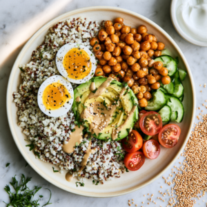 quinoa bowl with protein toppings for gut health
