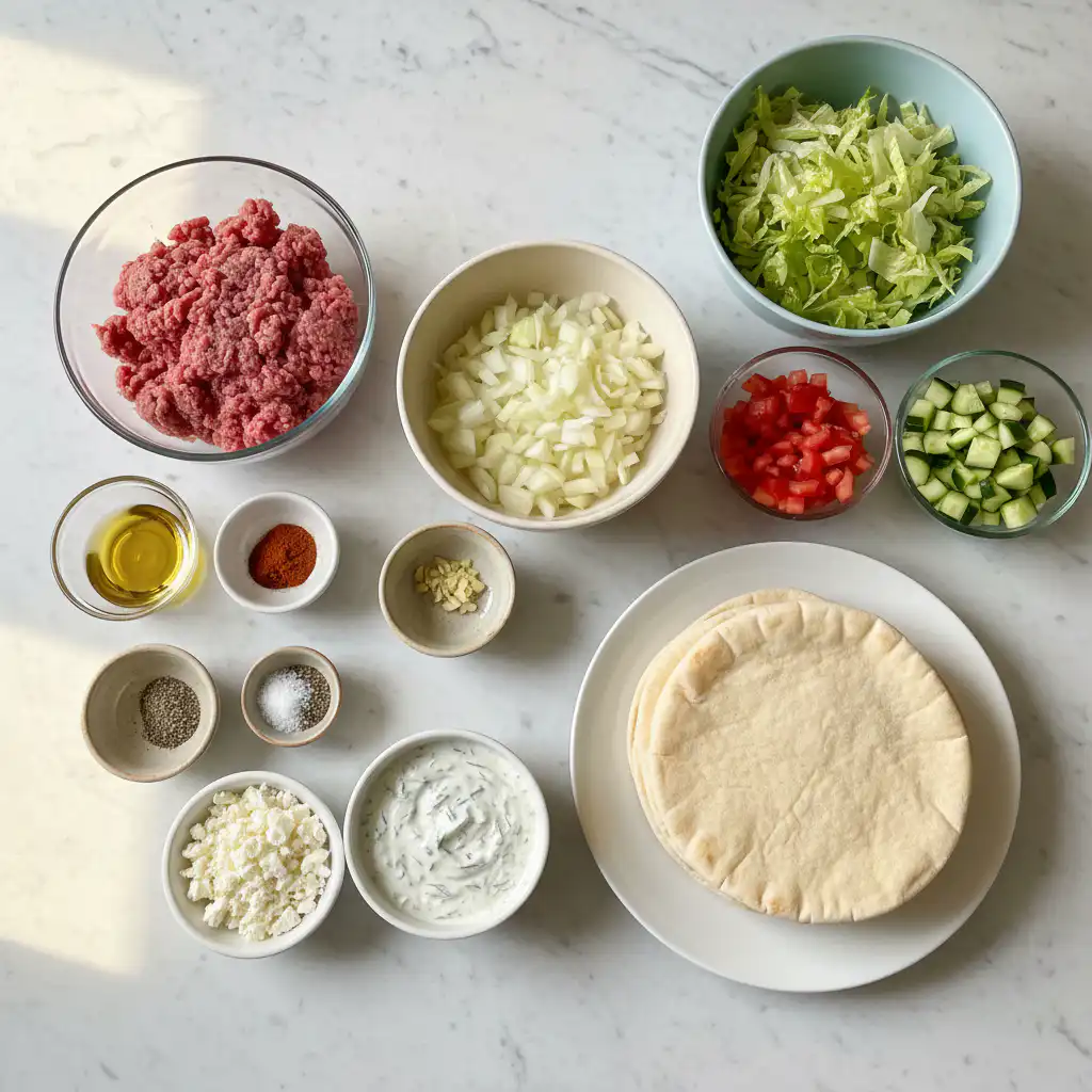 25-min-mediterranean-ground-beef-pita-pockets-ingredients A colorful spread of fresh ingredients for 25-Min Mediterranean Ground Beef Pita Pockets, including lean ground beef and vibrant vegetables.