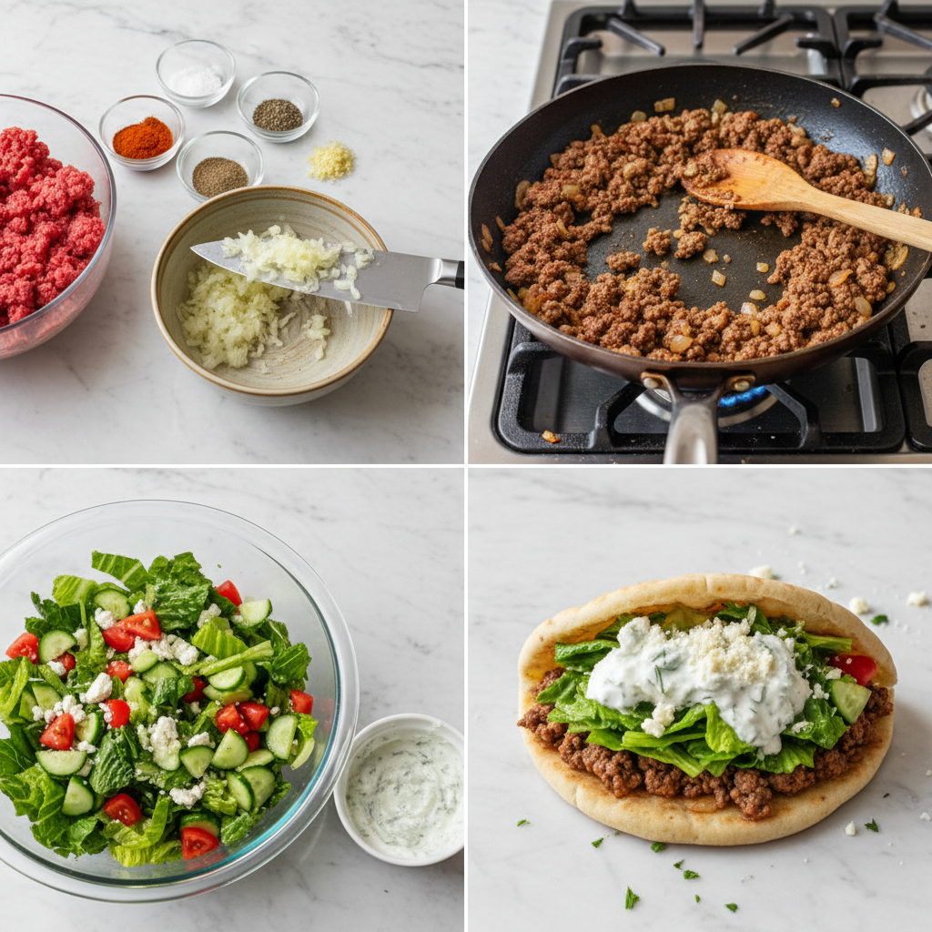 25-min-mediterranean-ground-beef-pita-pockets-prep Hands expertly assembling 25-Min Mediterranean Ground Beef Pita Pockets, stuffing them with seasoned beef and fresh fillings.
