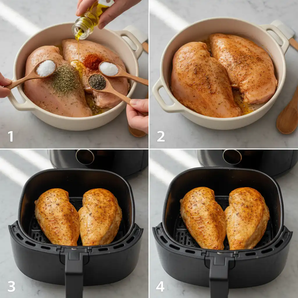 Hands seasoning raw chicken breasts on a cutting board, preparing them for an air fryer chicken breast recipe.