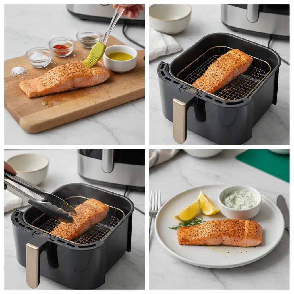 A seasoned salmon fillet being carefully placed into an air fryer basket, preparing for an air fryer salmon recipe.