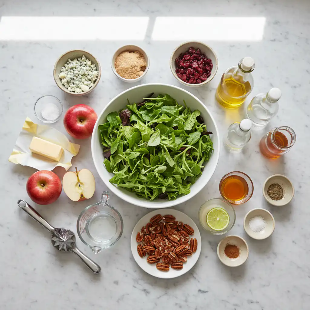 apple-cranberry-pecan-salad-with-cider-vinaigrette-ingredients Fresh ingredients for apple cranberry pecan salad with cider vinaigrette laid out on a wooden board.
