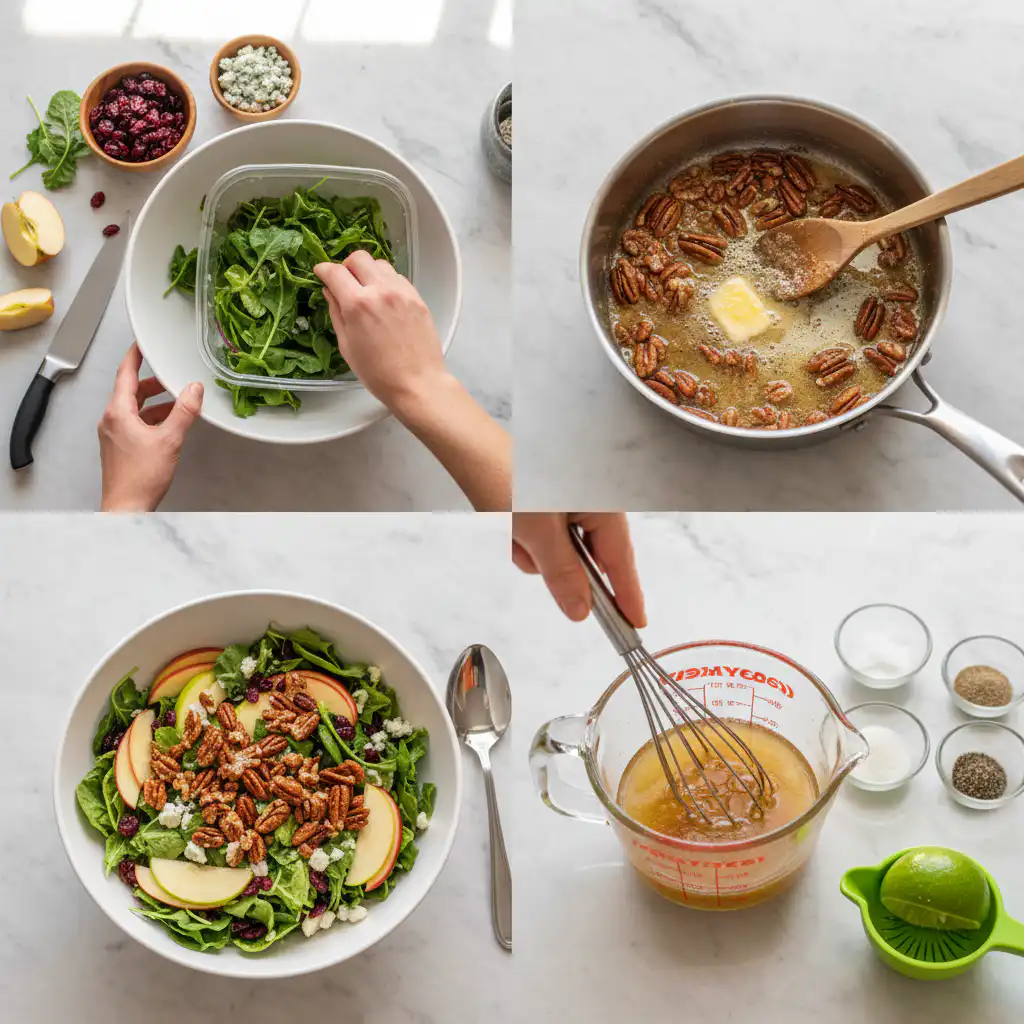 apple-cranberry-pecan-salad-with-cider-vinaigrette-prep Hands tossing an apple cranberry pecan salad with cider vinaigrette in a large glass bowl.