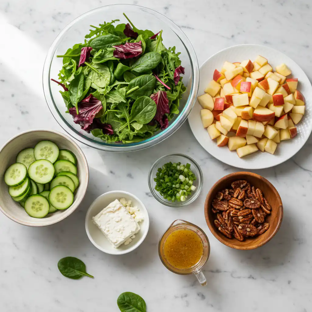 autumn-chopped-salad-with-apples-and-pecans-ingredients A vibrant array of fresh, colorful ingredients laid out for an autumn chopped salad with apples and pecans, ready for preparation.