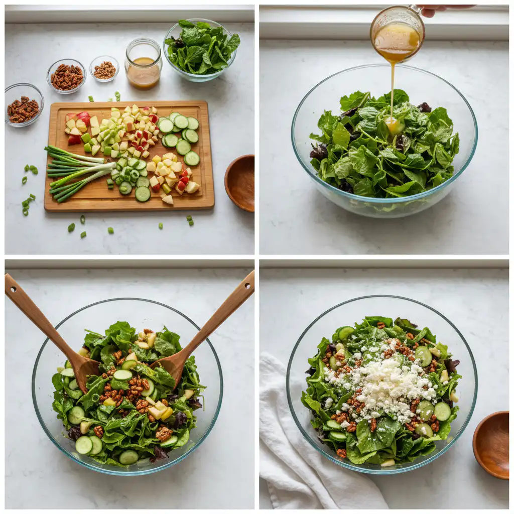 autumn-chopped-salad-with-apples-and-pecans-prep Hands carefully assembling an autumn chopped salad with apples and pecans in a large bowl, combining all the fresh elements.