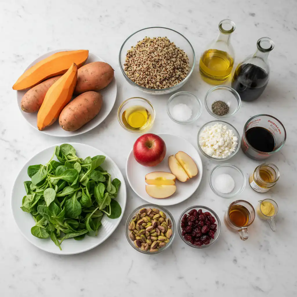 autumn-harvest-grain-bowls-roasted-sweet-potato-ingredients A colorful spread of fresh ingredients for Autumn Harvest Grain Bowls with roasted sweet potato, including grains, nuts, and greens.