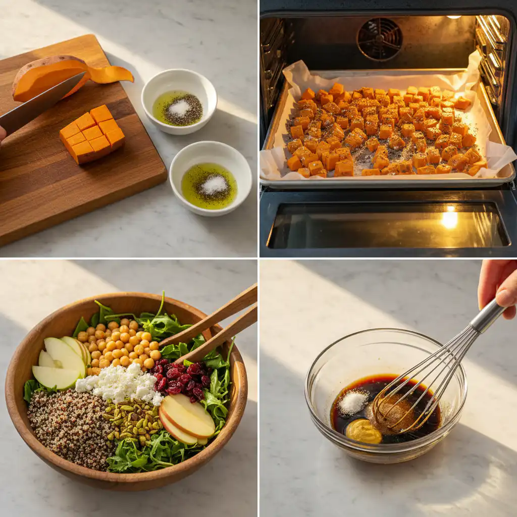 autumn-harvest-grain-bowls-roasted-sweet-potato-prep Hands assembling Autumn Harvest Grain Bowls with roasted sweet potato, layering cooked grains, greens, and toppings.