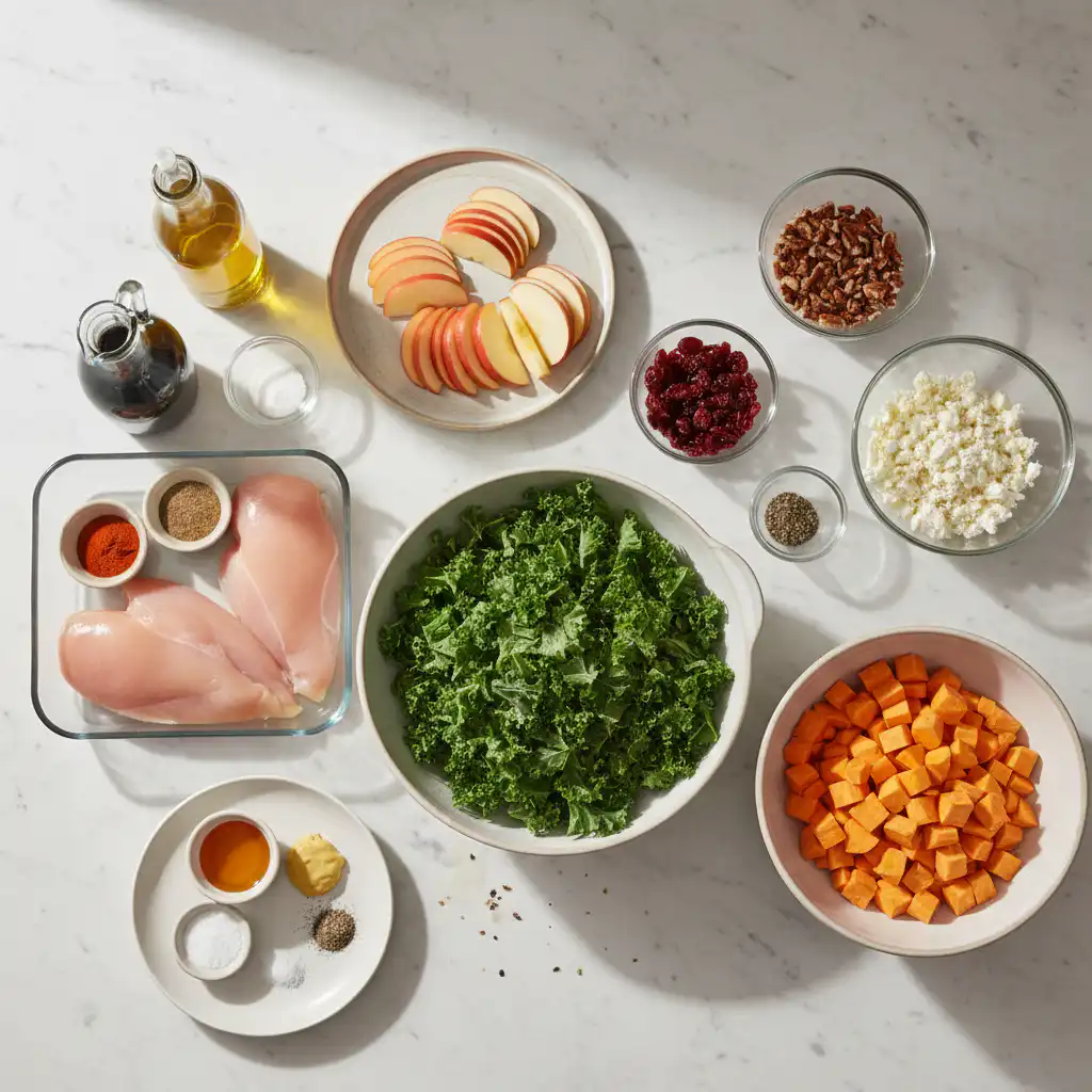 autumn-harvest-grain-salad-with-sweet-potato-ingredients A colorful array of fresh vegetables, grains, and spices laid out for an autumn harvest grain salad with sweet potato.