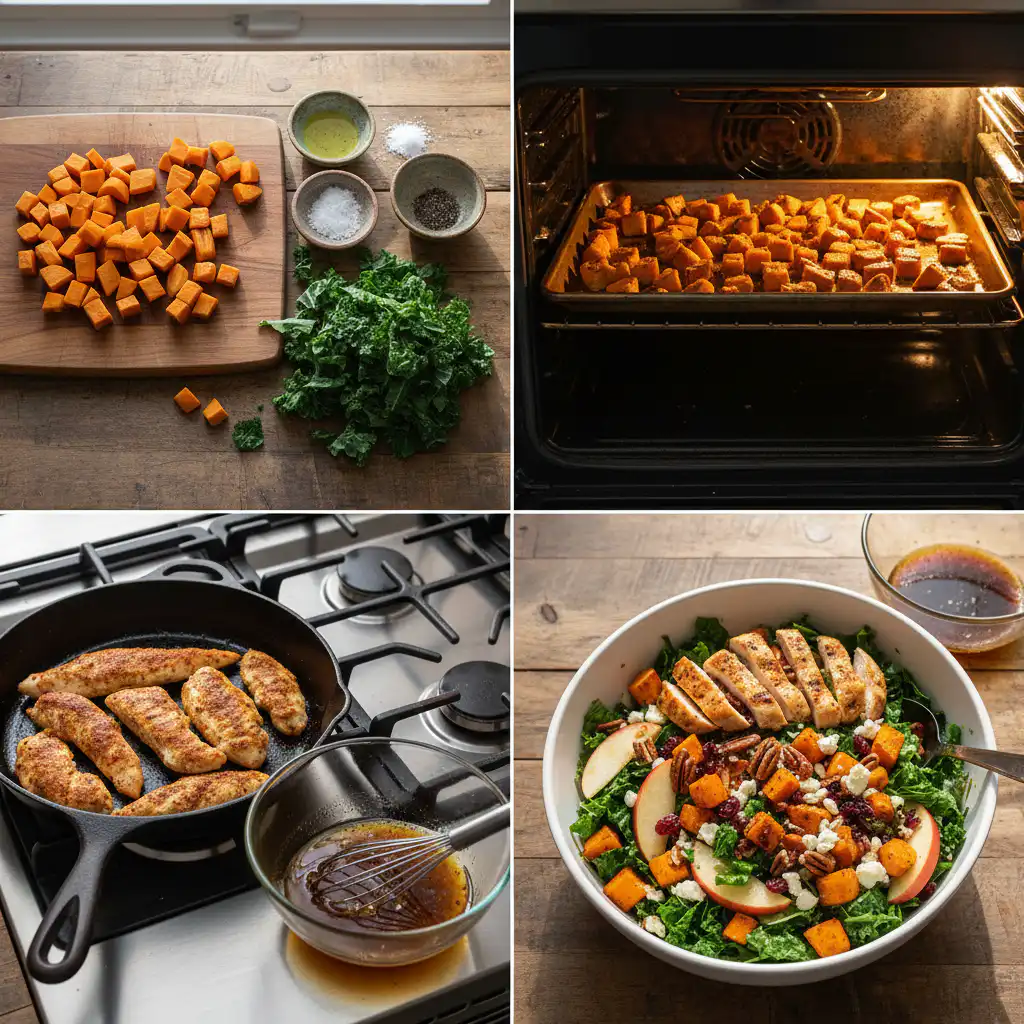 autumn-harvest-grain-salad-with-sweet-potato-prep Hands tossing roasted sweet potato, grains, and fresh greens together to make an autumn harvest grain salad with sweet potato.