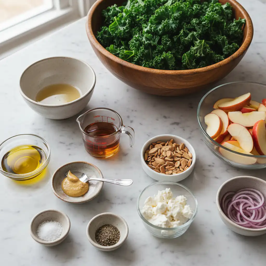 autumn-kale-salad-apples-pecans-goat-cheese-ingredients Fresh ingredients for Autumn Kale Salad with Apples, Pecans and Goat Cheese, like crisp kale, apples, pecans, and goat cheese.