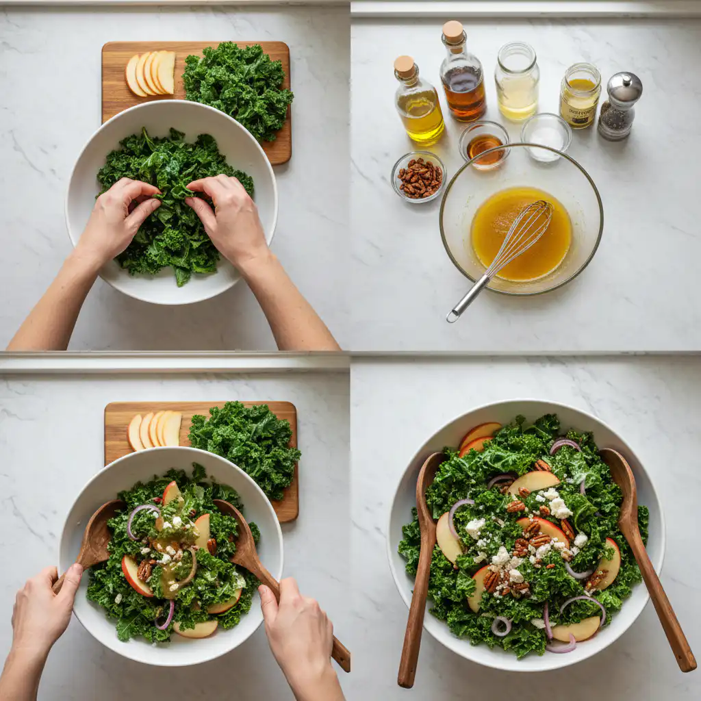 autumn-kale-salad-apples-pecans-goat-cheese-prep Hands tossing an Autumn Kale Salad with Apples, Pecans and Goat Cheese in a large bowl, mixing all the vibrant components.
