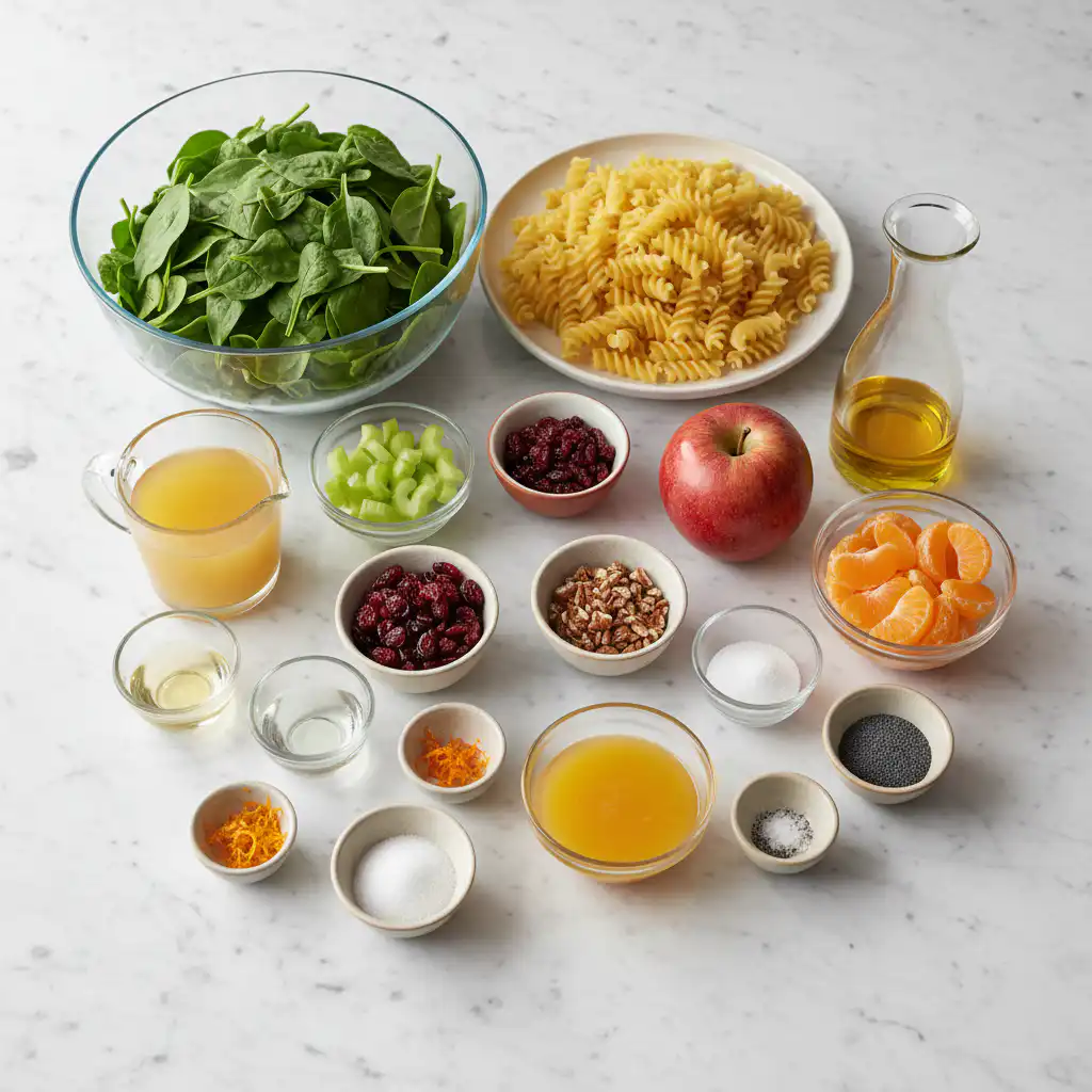 autumn-spinach-and-apple-pasta-salad-ingredients Fresh spinach, crisp apples, pasta, and other vibrant ingredients laid out for an autumn spinach and apple pasta salad.