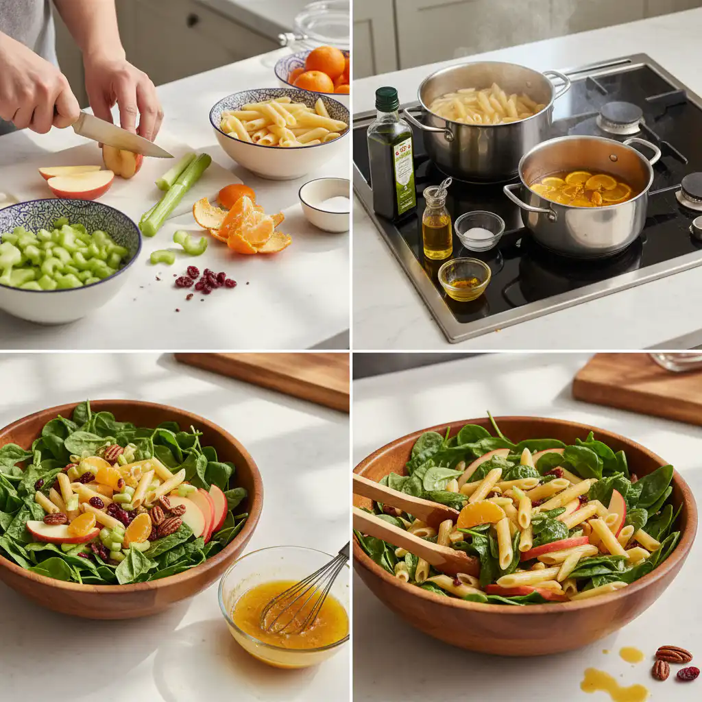 autumn-spinach-and-apple-pasta-salad-prep A chef carefully tossing cooked pasta, spinach, and diced apples in a large bowl, preparing an autumn spinach and apple pasta salad.