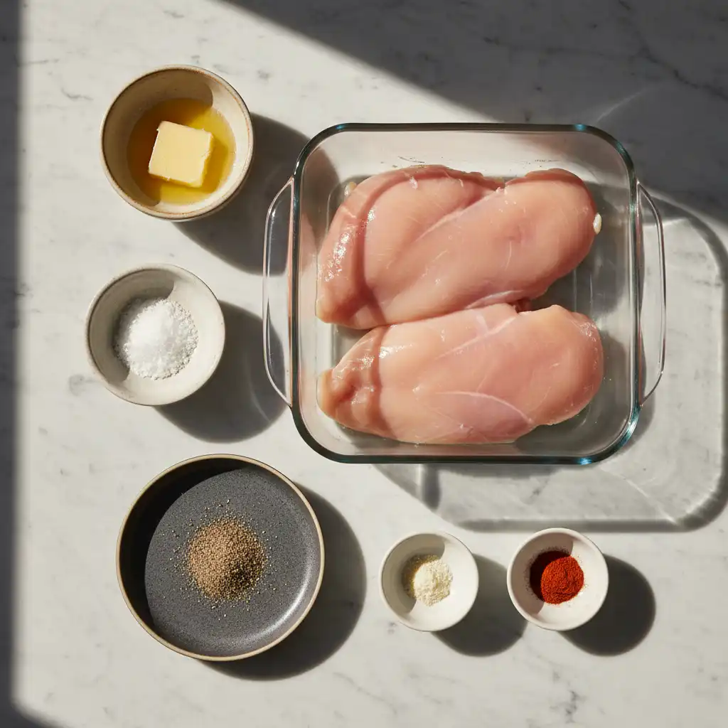 baked-chicken-breast-recipe-ingredients A variety of fresh ingredients laid out for a baked chicken breast recipe, including herbs, spices, and juicy chicken.