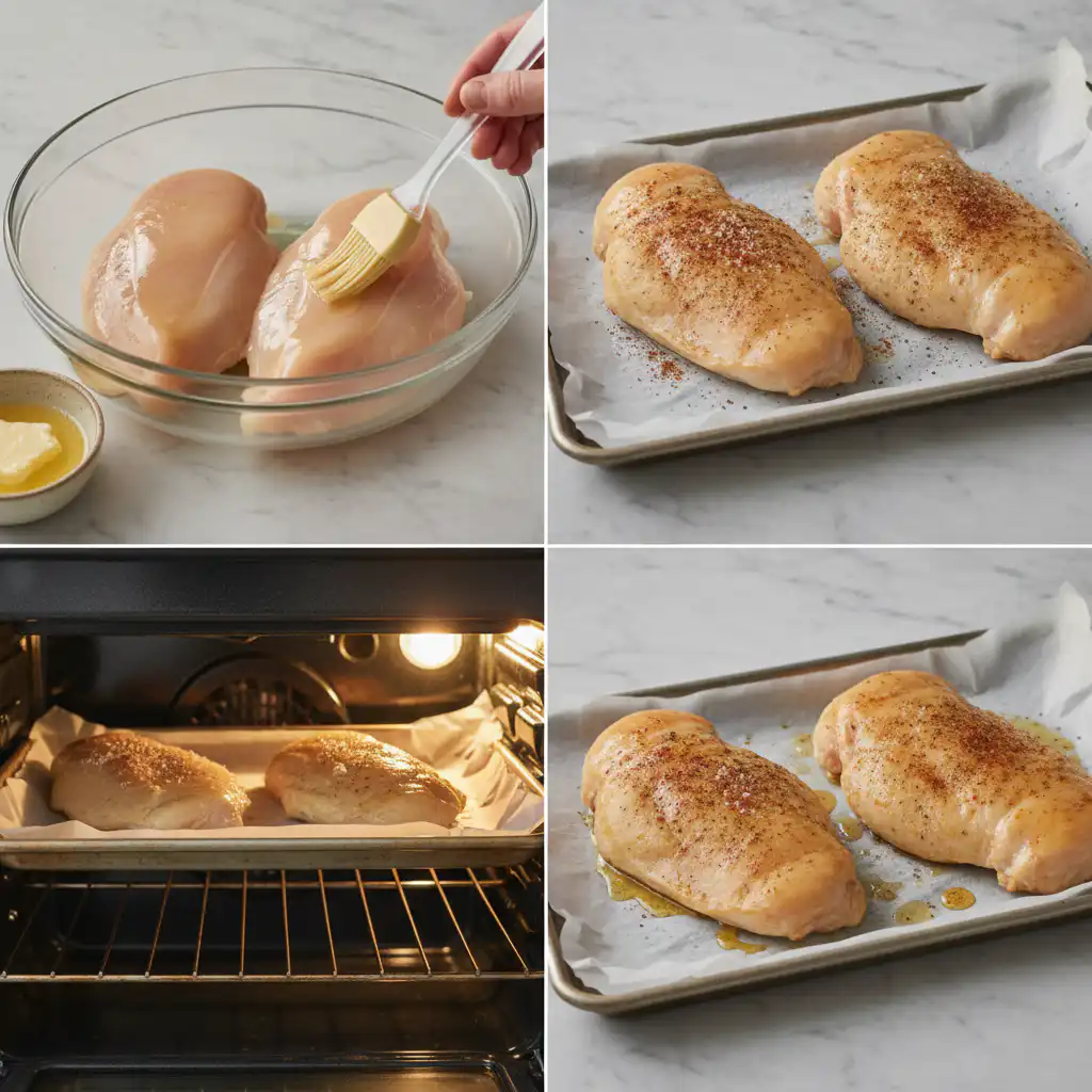 baked-chicken-breast-recipe-prep Hands seasoning raw chicken breasts on a cutting board, preparing them for a baked chicken breast recipe.