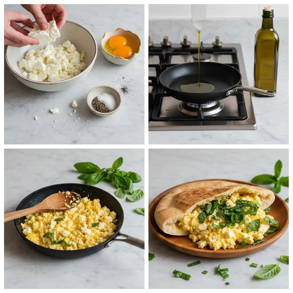 A close-up of the preparation for a Baked Feta Eggs Recipe, with eggs cracked into a baking dish with creamy feta.