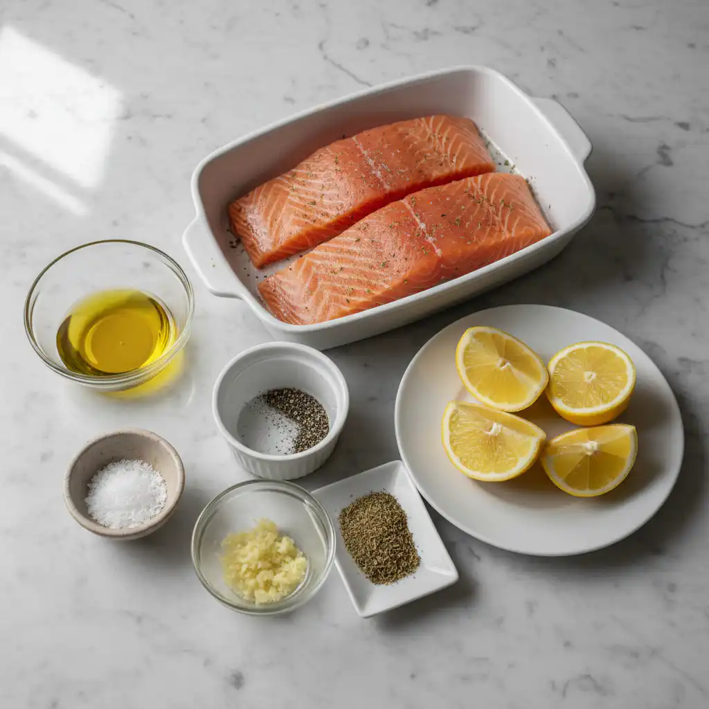 Fresh salmon fillets and assorted herbs ready for delicious baked salmon recipes in the oven.