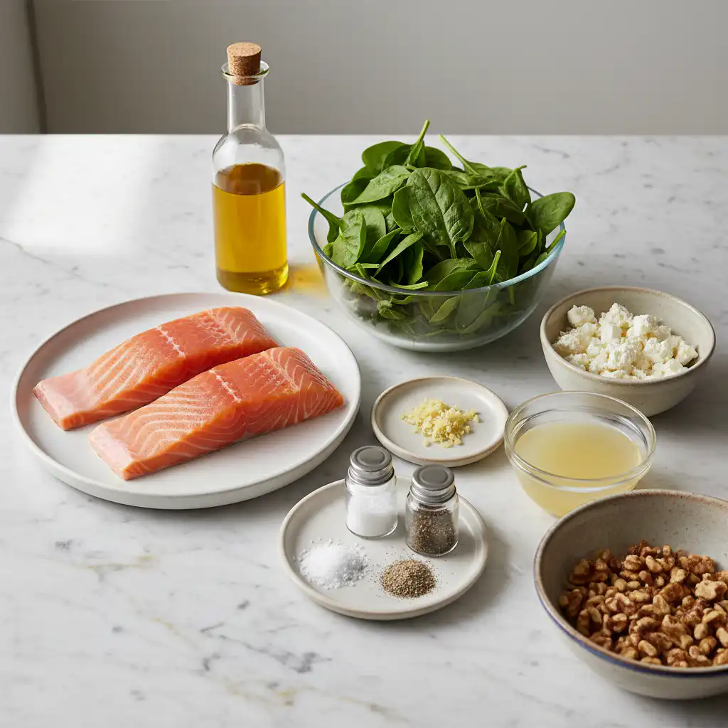 baked-stuffed-salmon-with-spinach-feta-ingredients A colorful array of fresh ingredients for baked stuffed salmon with spinach and feta, laid out on a kitchen counter.