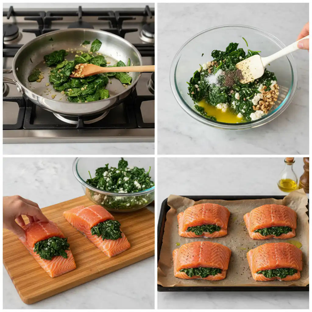 baked-stuffed-salmon-with-spinach-feta-prep Hands carefully preparing baked stuffed salmon with spinach and feta, spooning the savory filling into the fish.