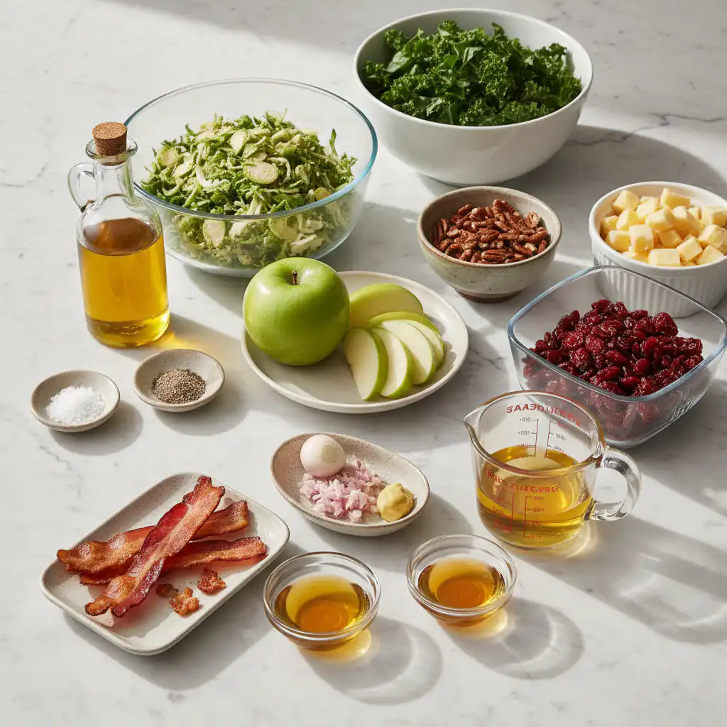 brussels-sprout-kale-and-apple-salad-with-bacon-ingredients Fresh brussels sprouts, vibrant kale, crisp apples, and smoky bacon, the essential ingredients for a brussels sprout kale and apple salad with bacon.