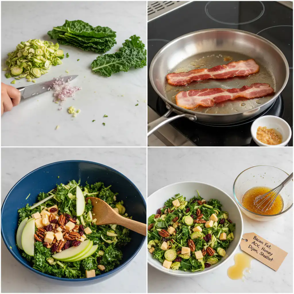 brussels-sprout-kale-and-apple-salad-with-bacon-prep Hands in a kitchen bowl, gently tossing together brussels sprouts, kale, apples, and bacon for the brussels sprout kale and apple salad with bacon.