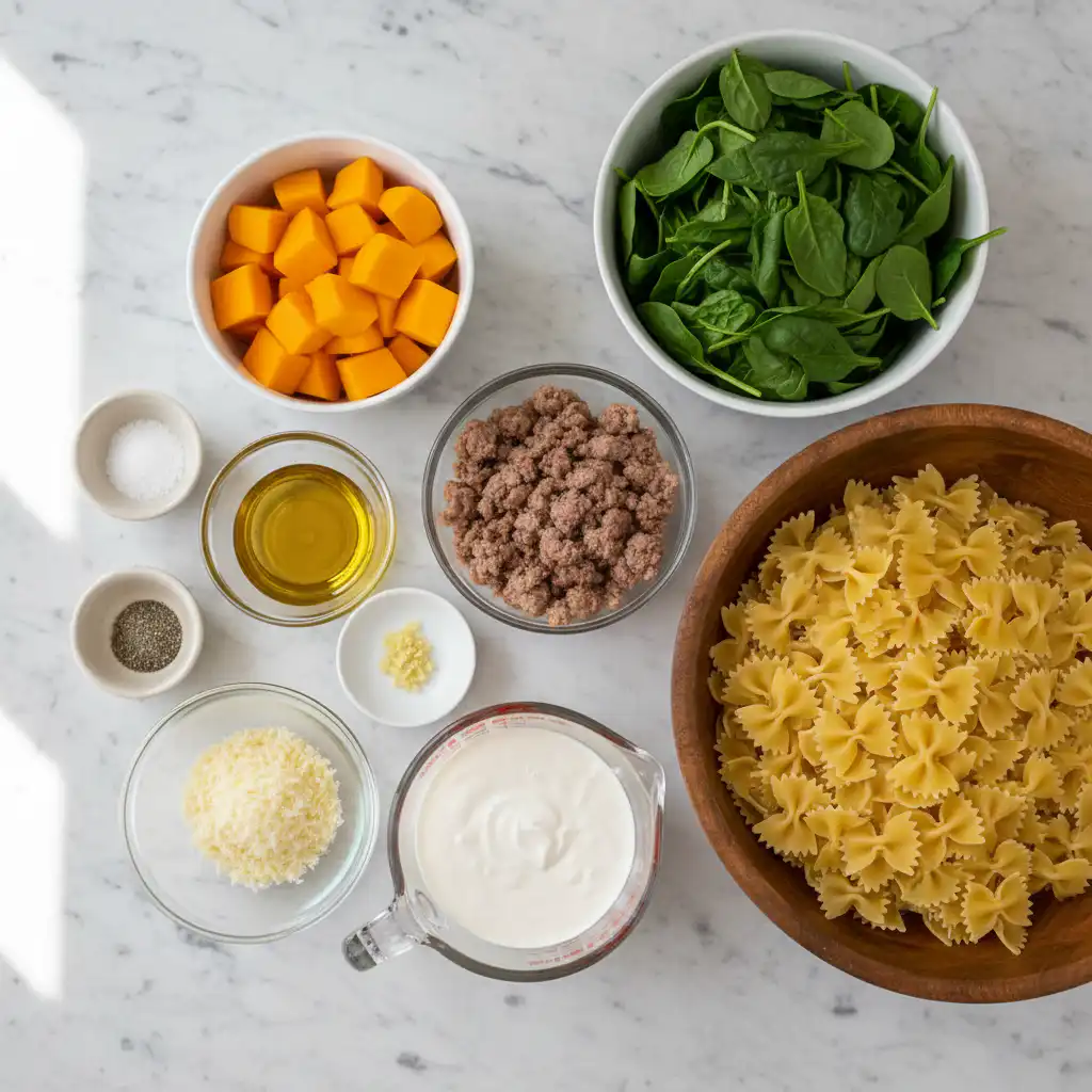 butternut-squash-sausage-fall-pasta-ingredients All the fresh ingredients for Butternut Squash and Sausage Fall Pasta laid out, including squash, sausage, pasta, and herbs.