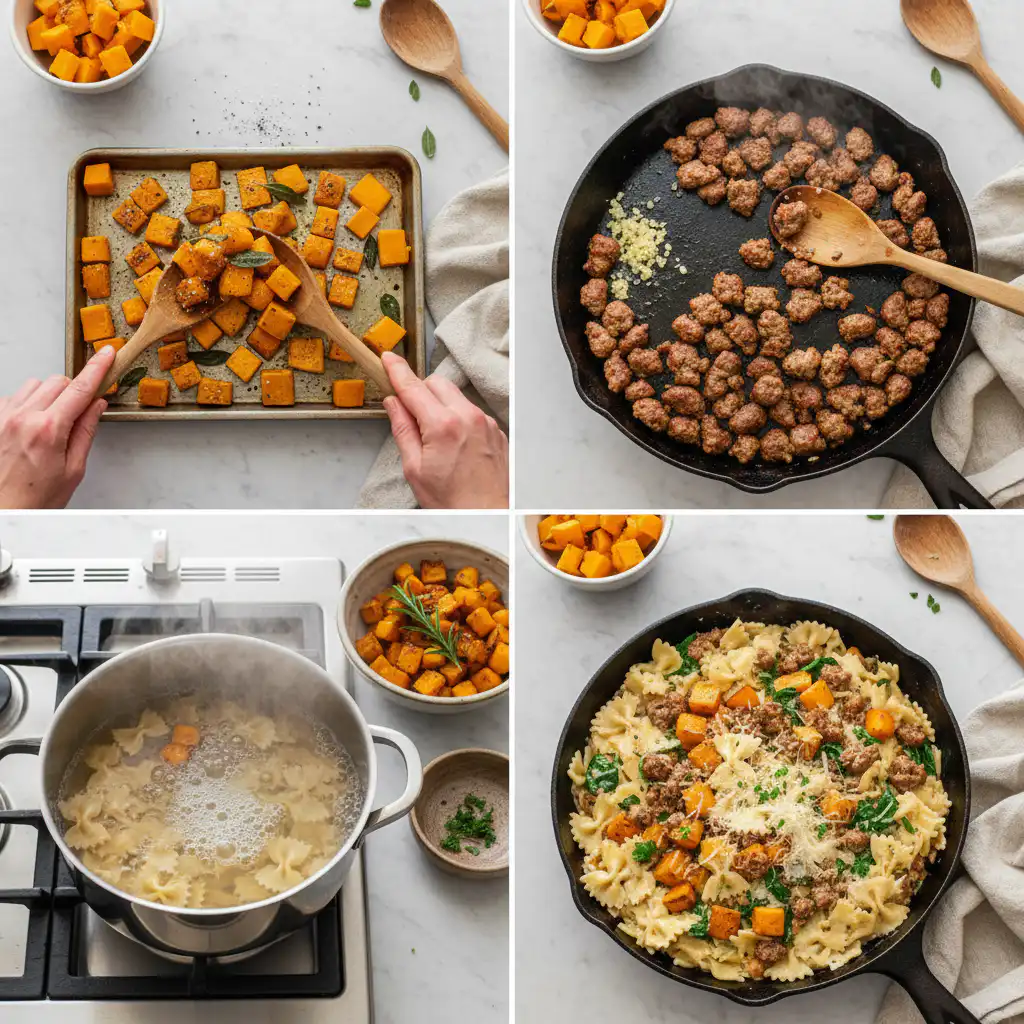 butternut-squash-sausage-fall-pasta-prep A chef's hands actively preparing the Butternut Squash and Sausage Fall Pasta, with sautéed squash and browned sausage in a skillet.