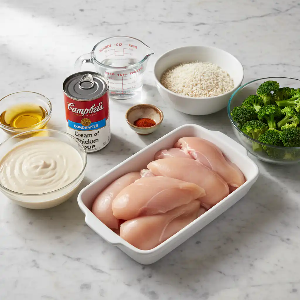 Fresh ingredients laid out for delicious chicken and rice recipes, including raw chicken, uncooked rice, and aromatic spices.