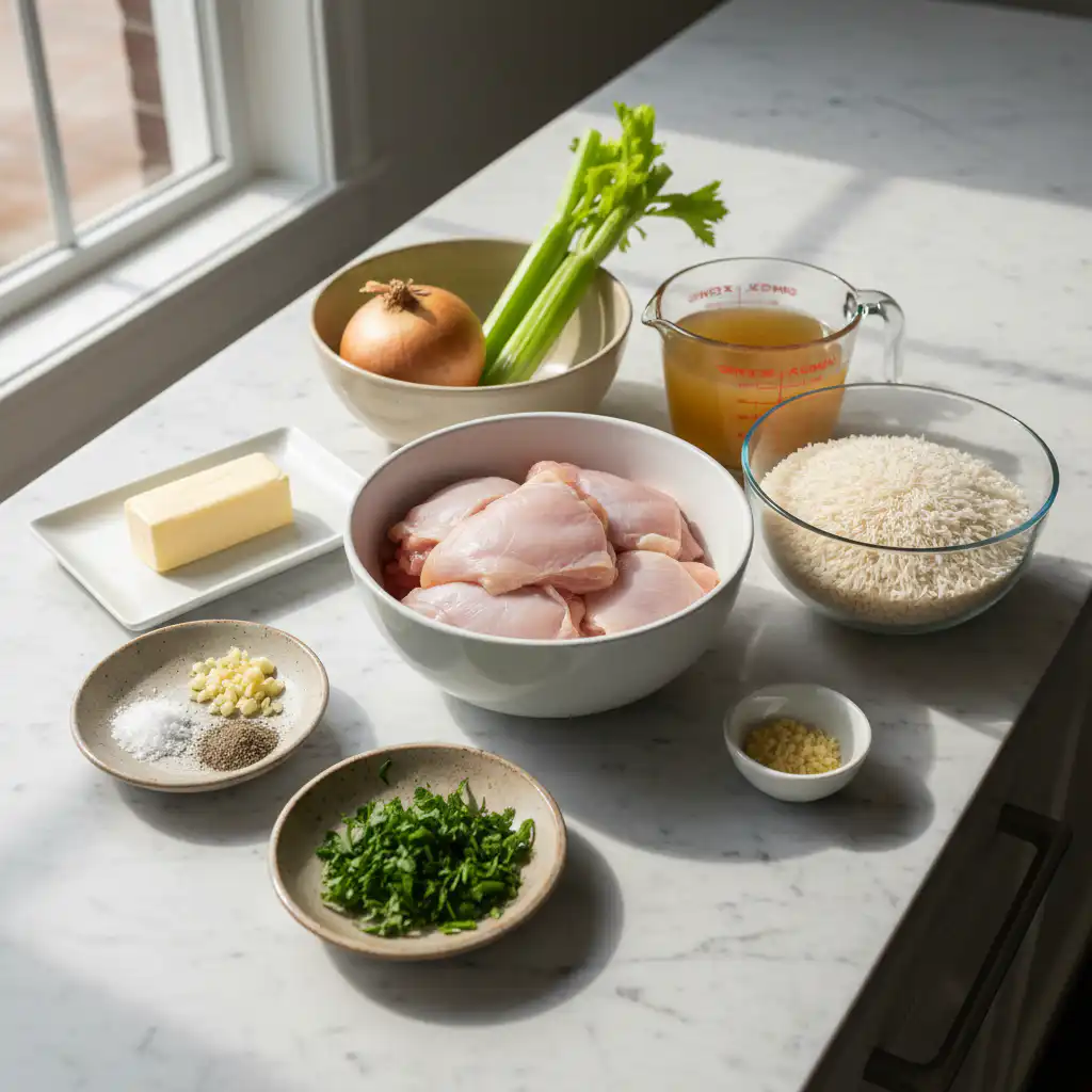 Fresh chicken, fluffy rice, and vibrant vegetables laid out, ready for delicious chicken and rice recipes.