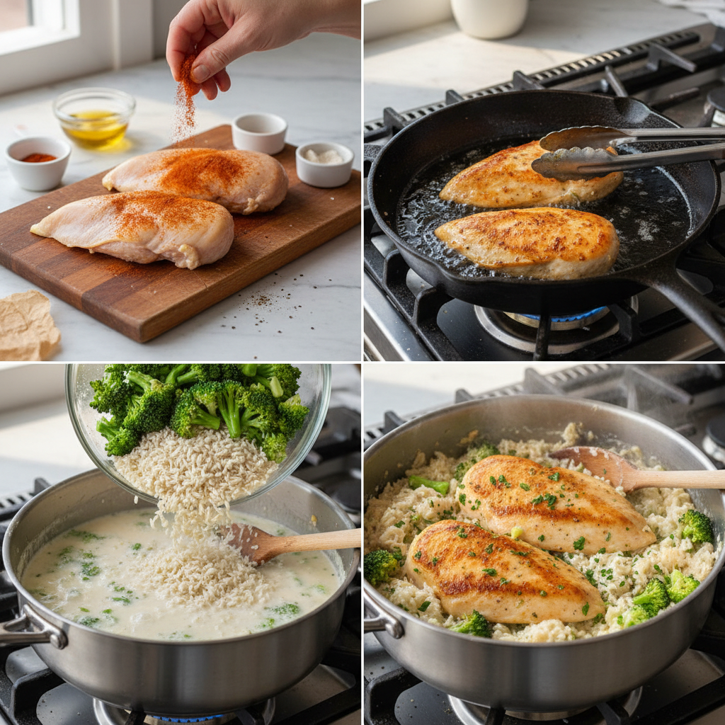 Hands skillfully preparing a flavorful chicken and rice recipe, stirring ingredients in a hot pan.