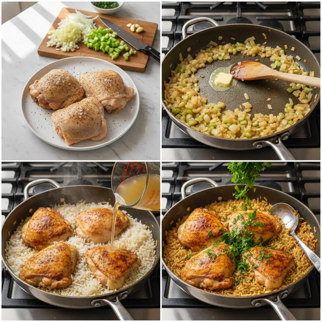 Hands expertly seasoning chicken and mixing ingredients in a pan, a key step for chicken and rice recipes.