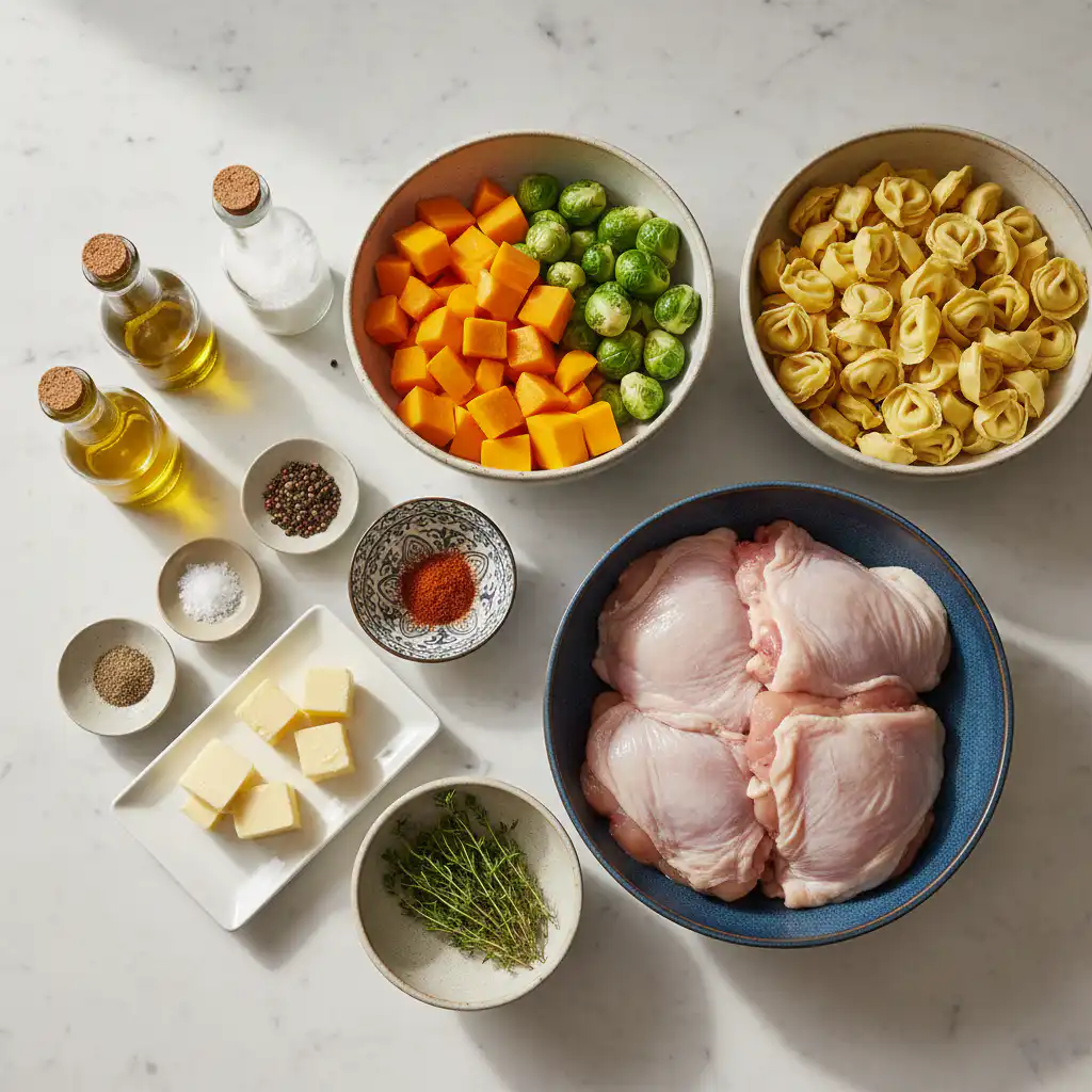 chicken-and-roasted-fall-vegetables-ingredients Fresh chicken and vibrant fall vegetables laid out, ready for a delicious Chicken and Roasted Fall Vegetables recipe.