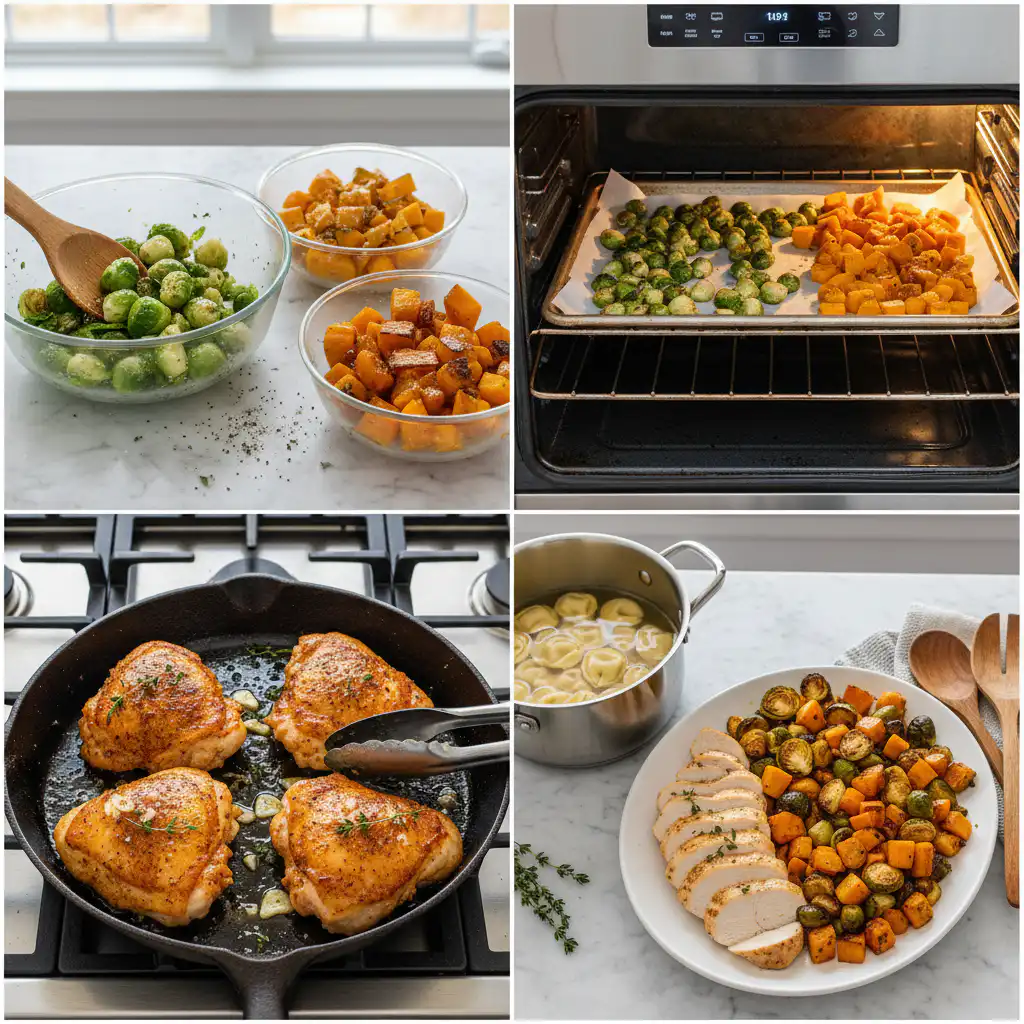 chicken-and-roasted-fall-vegetables-prep Hands tossing raw chicken and colorful fall vegetables on a baking sheet, preparing for Chicken and Roasted Fall Vegetables.