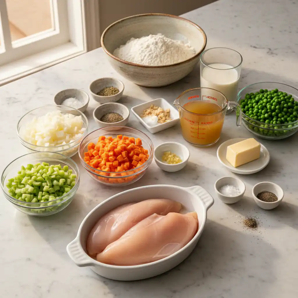 A colorful assortment of fresh ingredients laid out for making a delicious chicken pot pie with biscuits.
