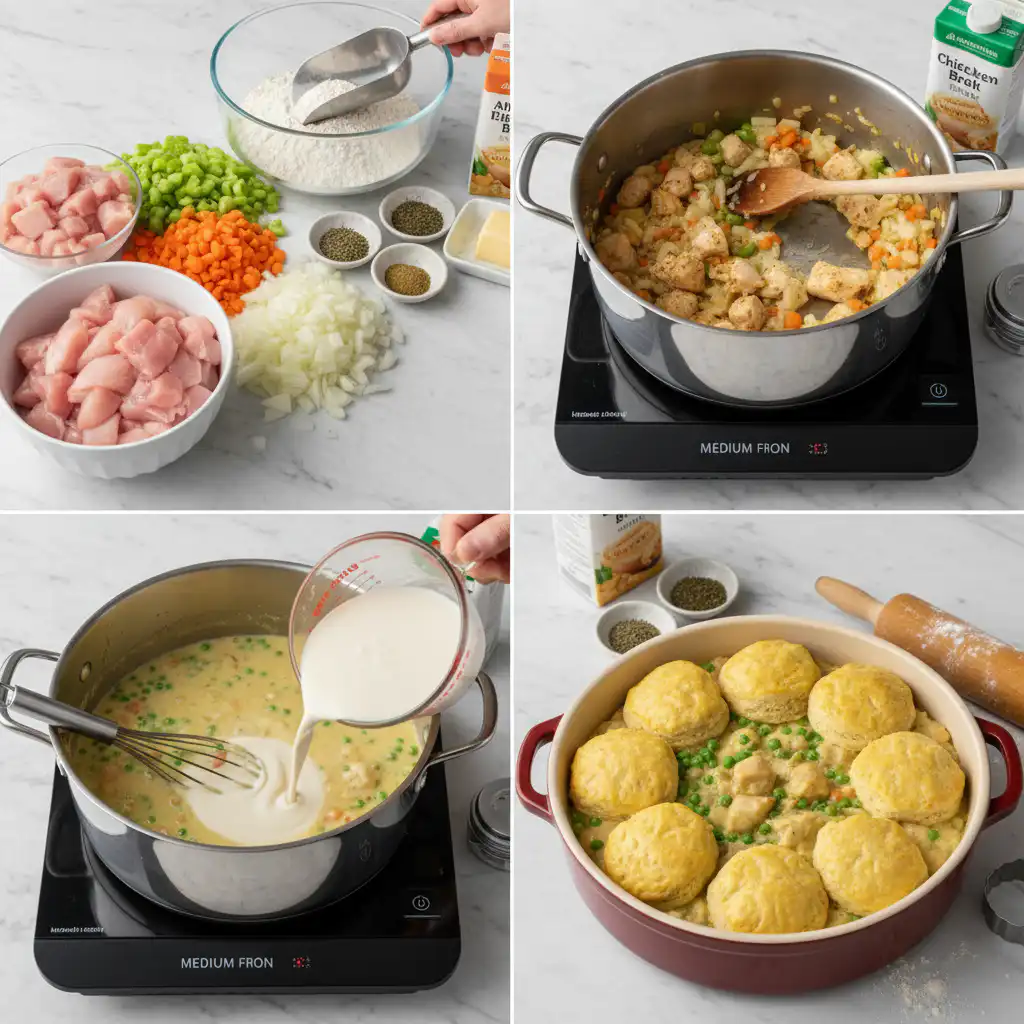 Hands actively assembling a savory chicken pot pie with biscuits, topping the filling with raw biscuit dough.