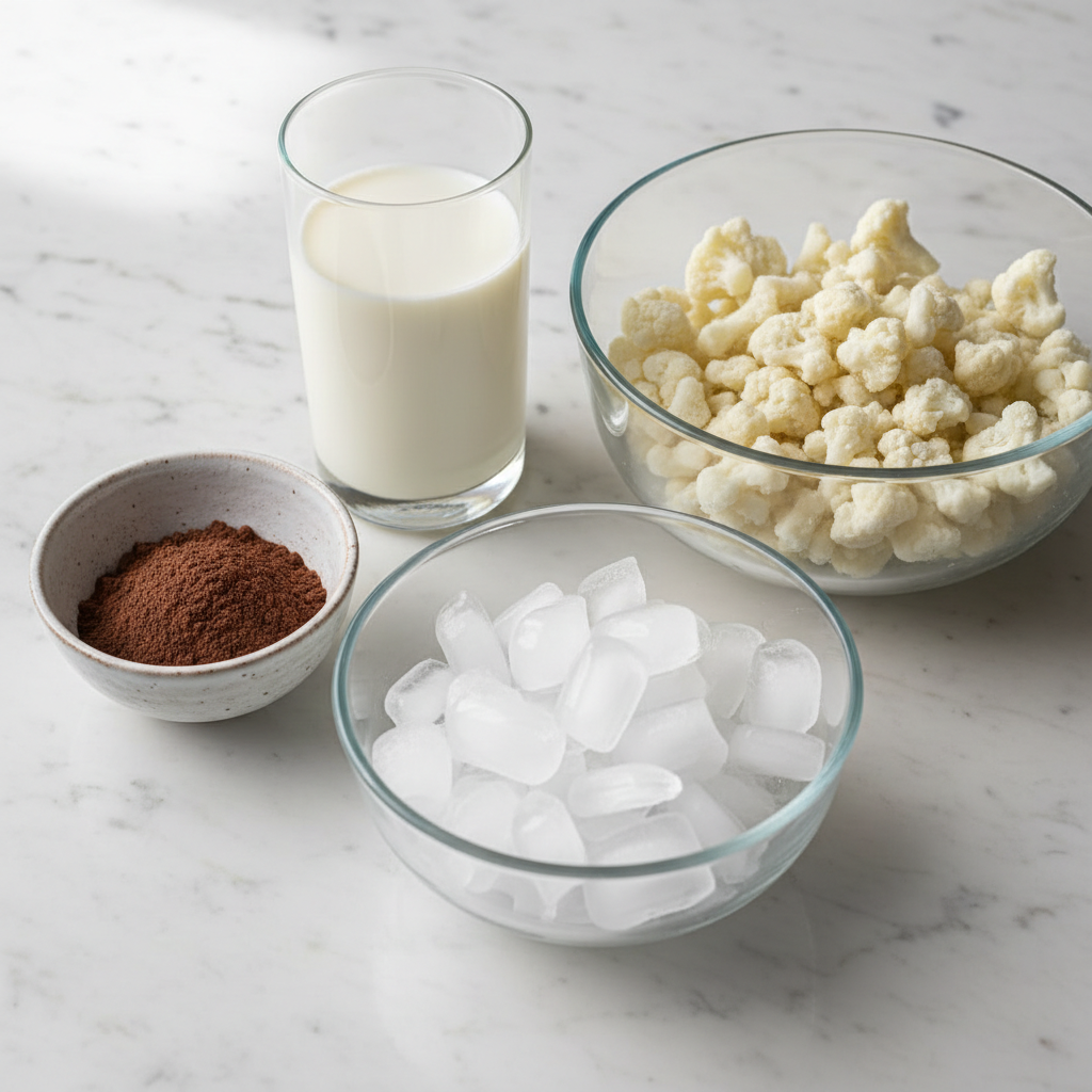 chocolate-protein-smoothie-ingredients Fresh ingredients like cocoa, milk, and protein powder laid out for a delicious chocolate protein smoothie.