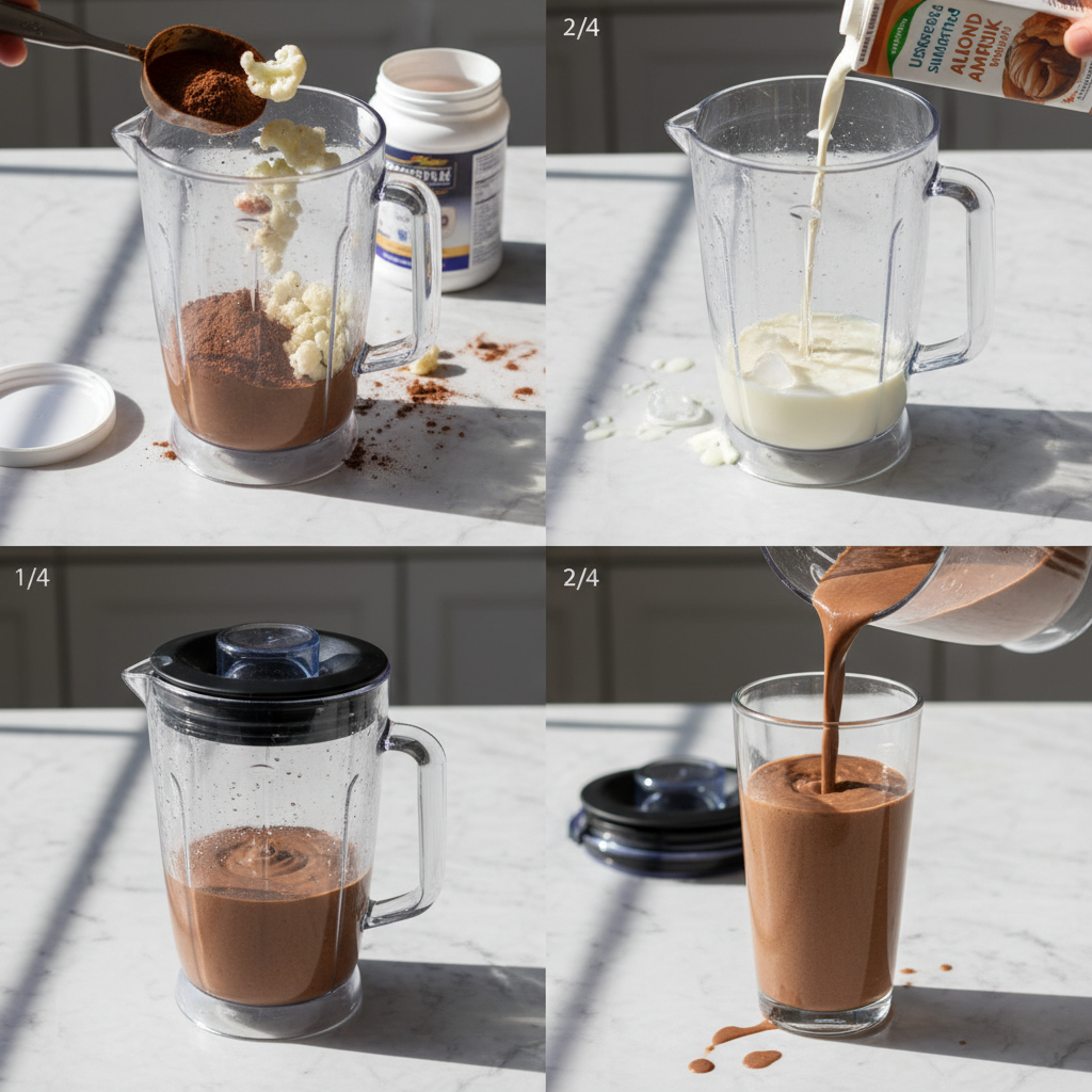 chocolate-protein-smoothie-prep A blender whirring, combining ingredients to create a creamy chocolate protein smoothie.