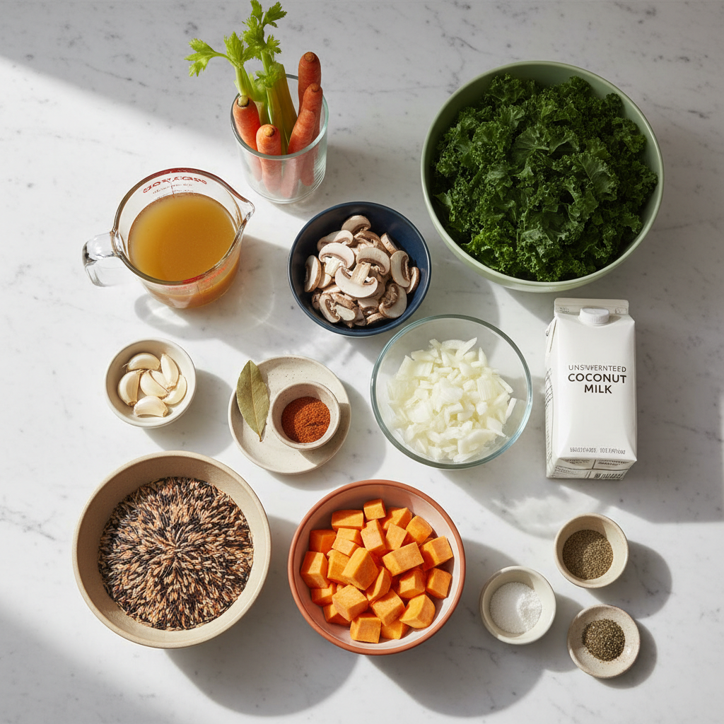 cozy-autumn-wild-rice-soup-ingredients Fresh carrots, celery, mushrooms, herbs, and wild rice, ready for a cozy autumn wild rice soup.