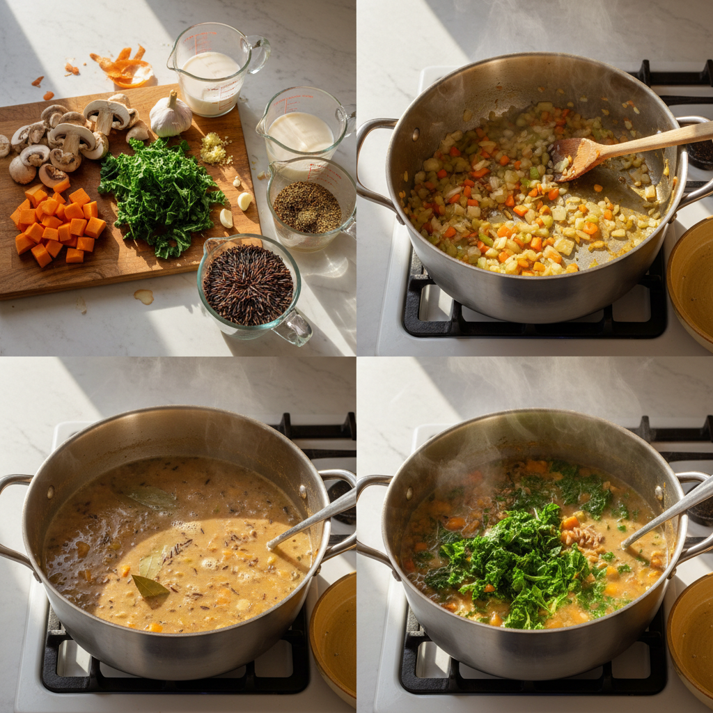 cozy-autumn-wild-rice-soup-prep Chef's hands stirring tender vegetables and wild rice in a pot, preparing a cozy autumn wild rice soup.