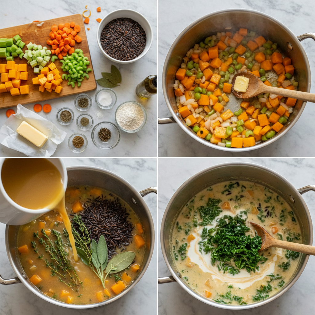 Hands stirring a pot of simmering vegetables and wild rice on the stovetop, making a cozy autumn wild rice soup.