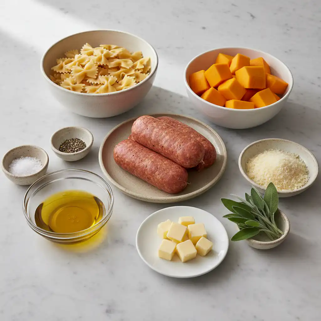 creamy-butternut-squash-bowtie-pasta-with-sage-ingredients A colorful spread of ingredients for Creamy Butternut Squash Bowtie Pasta with Sage, including fresh squash, sage, pasta, and cream.