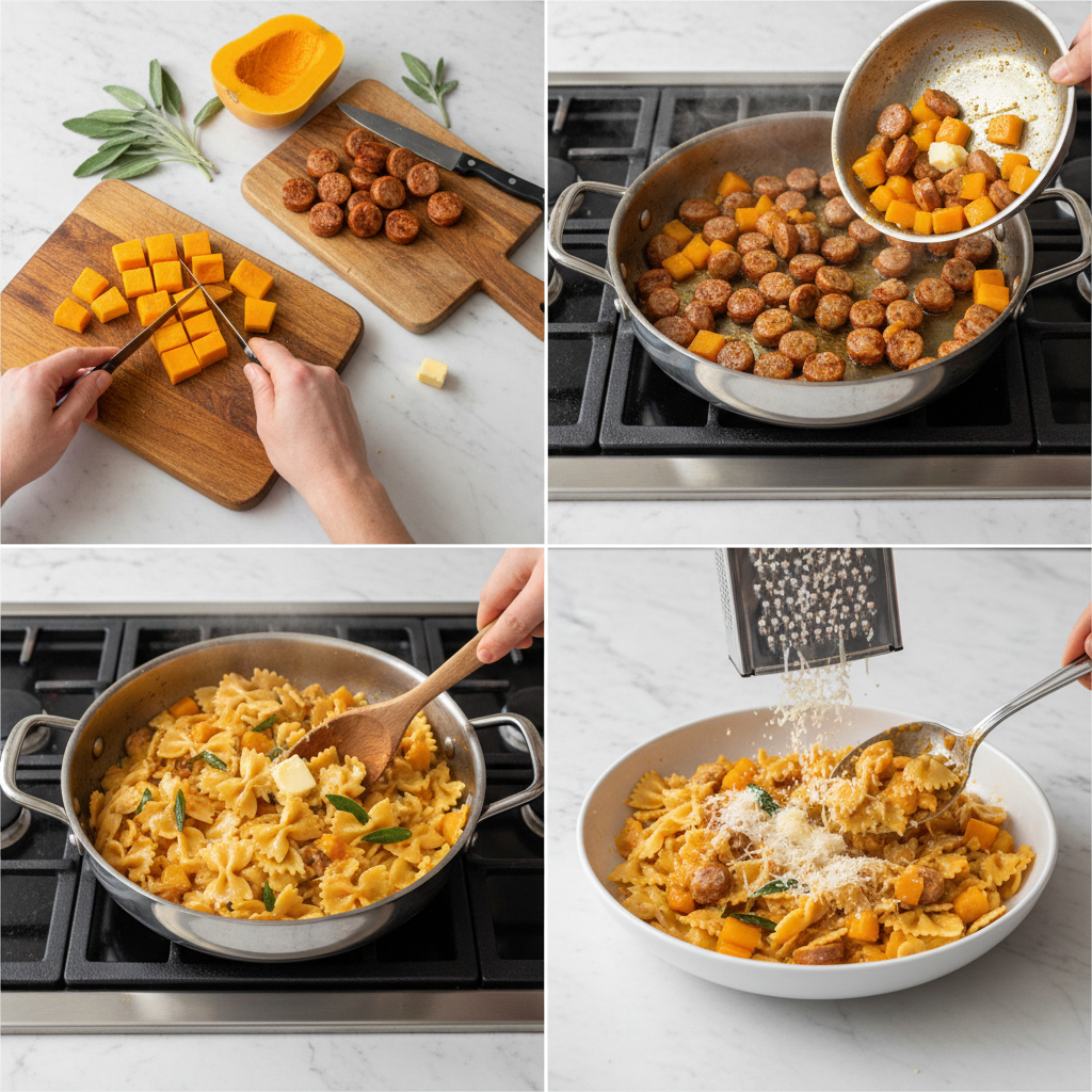 creamy-butternut-squash-bowtie-pasta-with-sage-prep Hands mixing the rich, creamy butternut squash sauce with bowtie pasta and fresh sage, preparing a delicious Creamy Butternut Squash Bowtie Pasta with Sage.