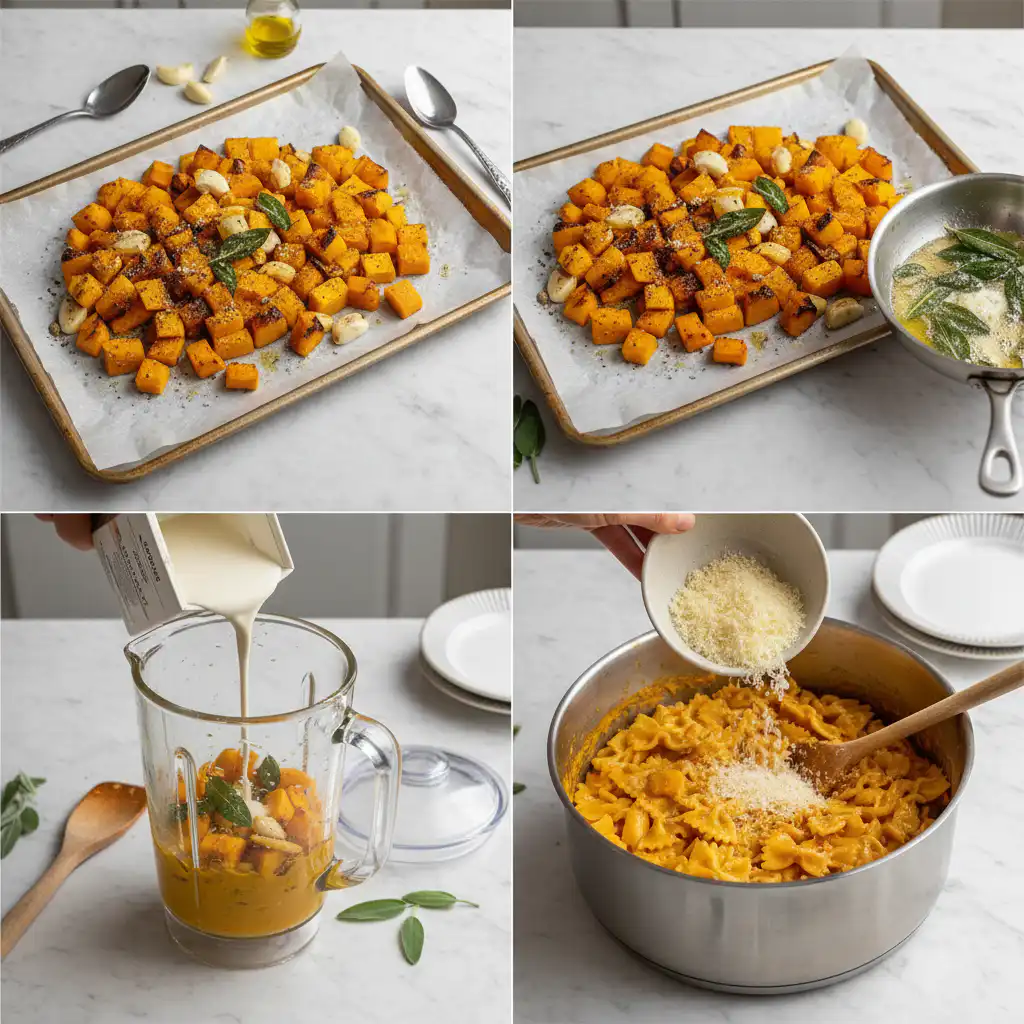 Someone actively prepping creamy butternut squash bowtie pasta with sage, showing diced squash and chopped fresh sage on a cutting board.
