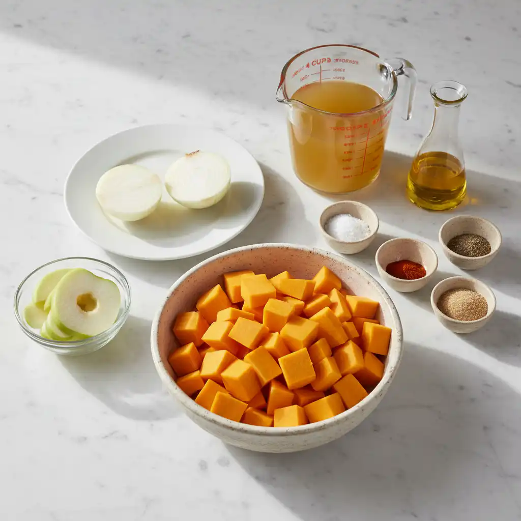 creamy-roasted-apple-and-butternut-squash-soup-ingredients A beautiful arrangement of fresh apples, vibrant butternut squash, and aromatic spices for creamy roasted apple and butternut squash soup.