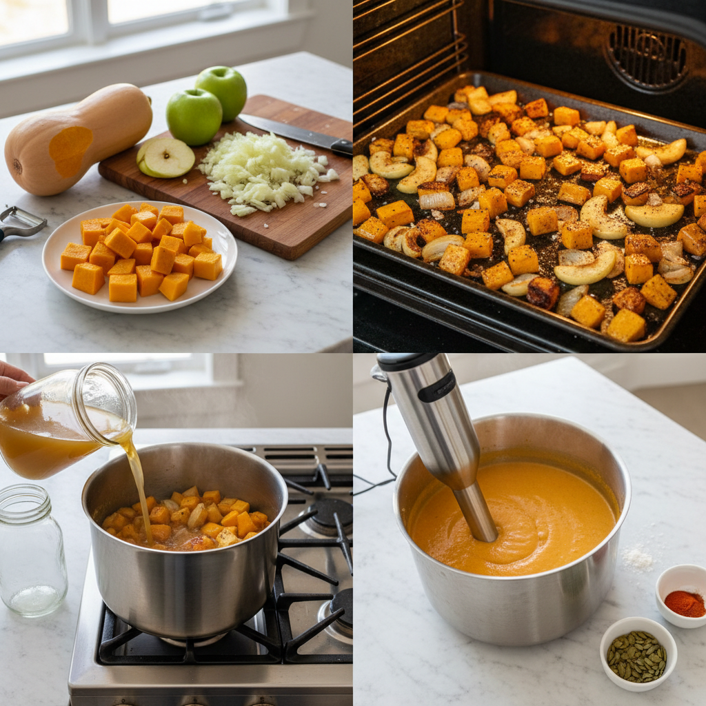 creamy-roasted-apple-and-butternut-squash-soup-prep Hands actively peeling and chopping vibrant butternut squash and crisp apples for creamy roasted apple and butternut squash soup.