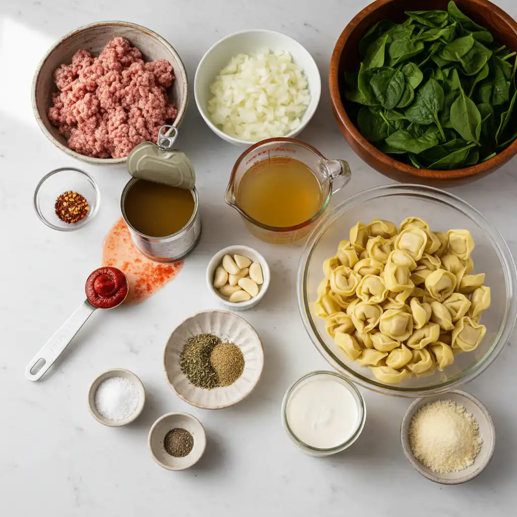 creamy-tortellini-soup-with-sausage-and-spinach-ingredients A vibrant assortment of fresh ingredients laid out for making creamy tortellini soup with sausage and spinach.
