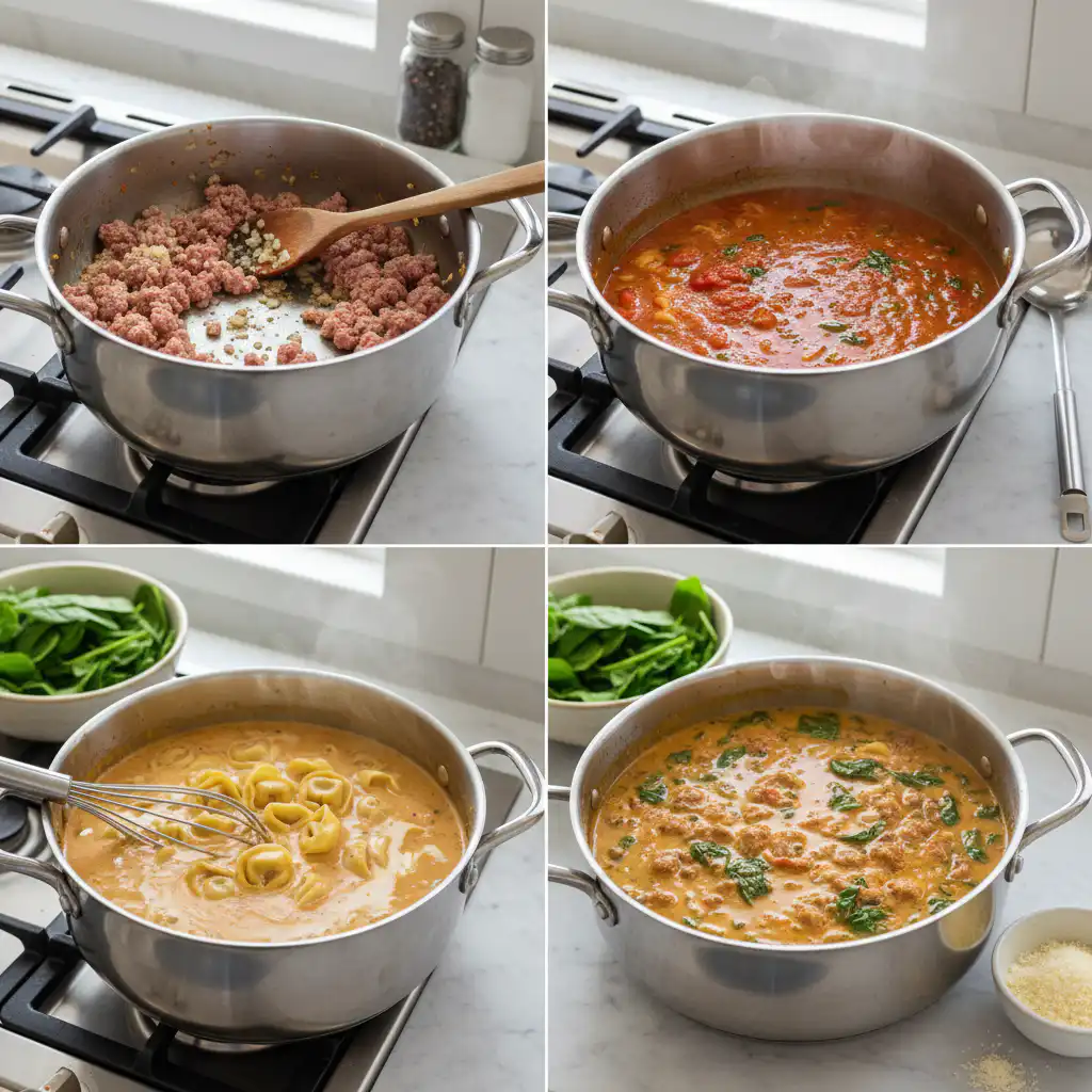 creamy-tortellini-soup-with-sausage-and-spinach-prep Hands stirring the creamy tortellini soup with sausage and spinach in a large pot on the stove.
