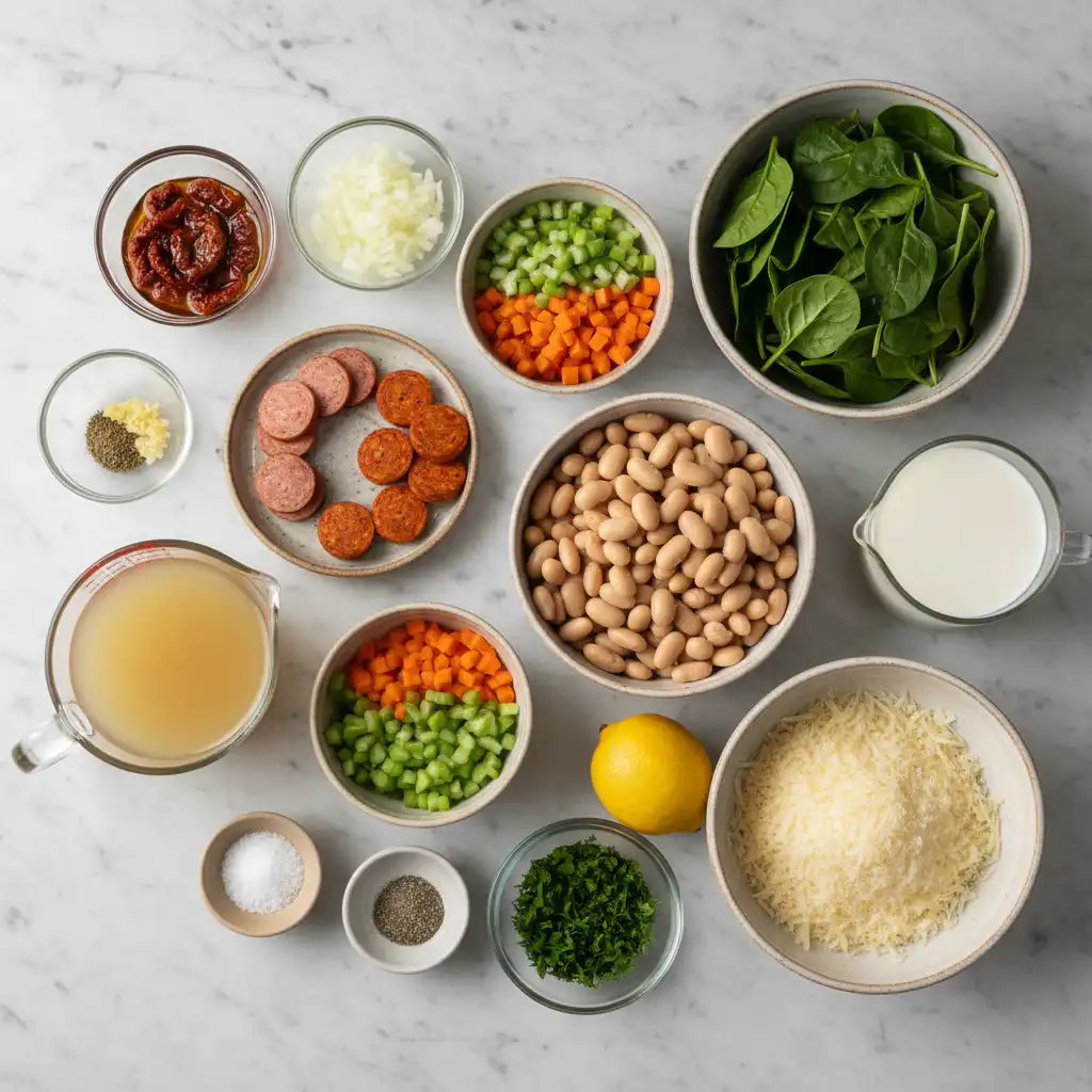 creamy-tuscan-white-bean-soup-ingredients A vibrant array of fresh vegetables and creamy cannellini beans laid out for a delicious creamy Tuscan white bean soup.